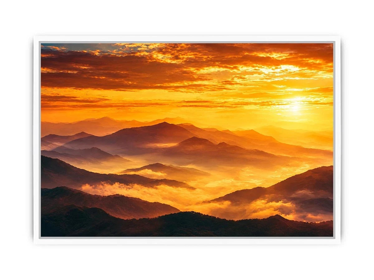 Golden mountain sunrise landscape canvas art for elegant living room decor