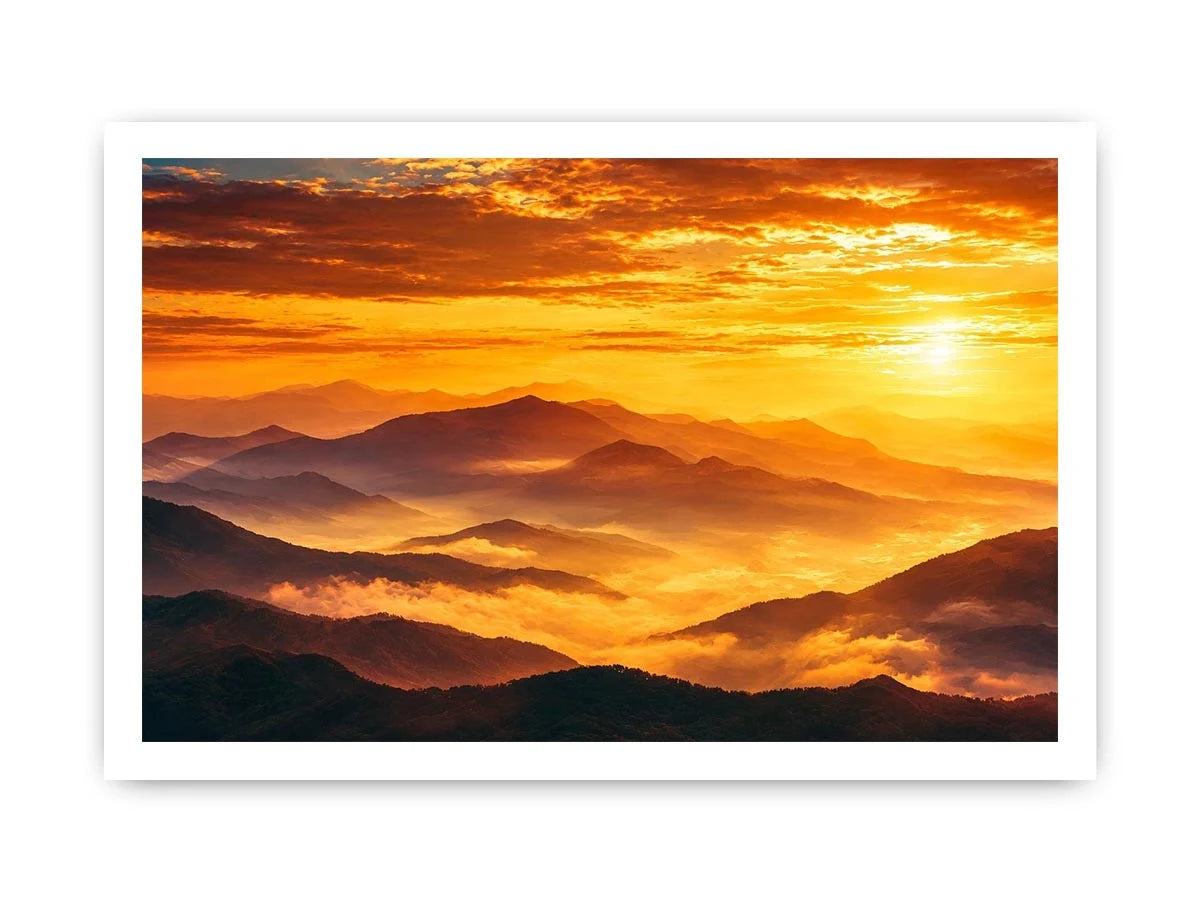 Golden mountain sunrise landscape canvas art for elegant living room decor