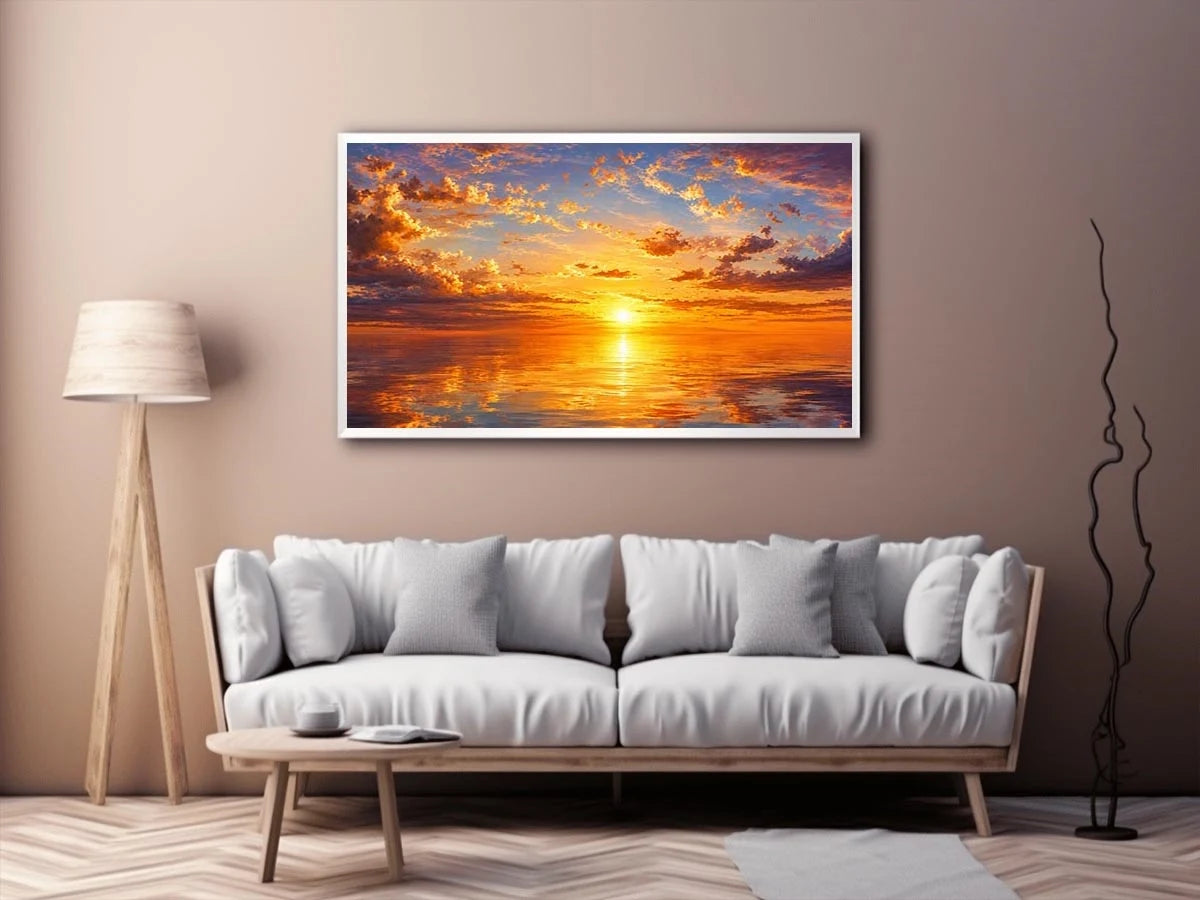 Golden ocean sunset sky artwork canvas art for elegant living room decor