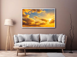 Golden cloudscape and sun rays canvas art for elegant living room decor