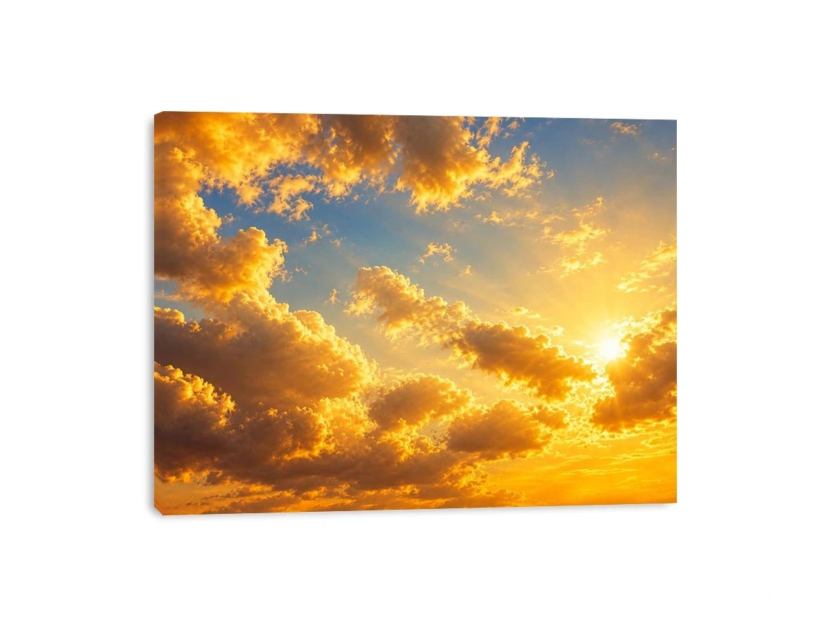 Golden cloudscape and sun rays canvas art for elegant living room decor