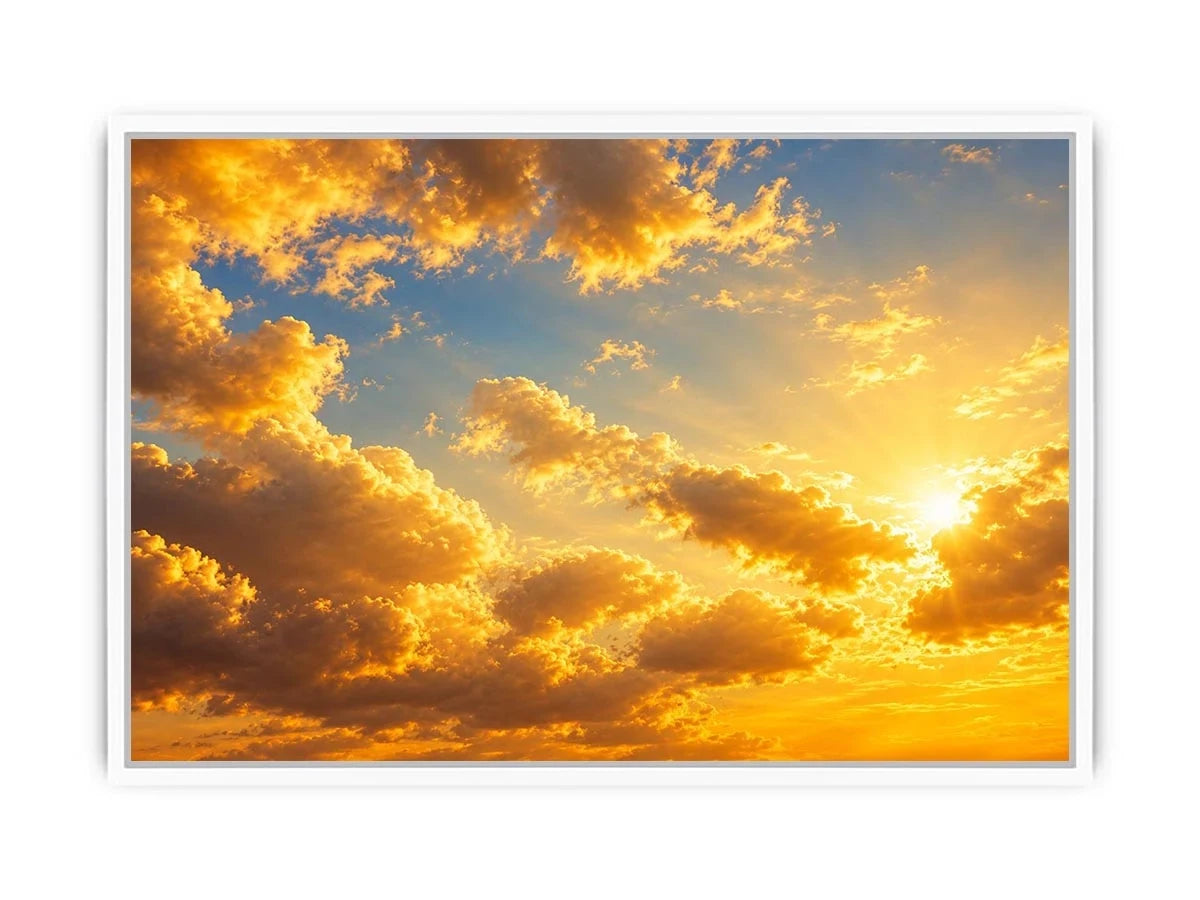 Golden cloudscape and sun rays canvas art for elegant living room decor