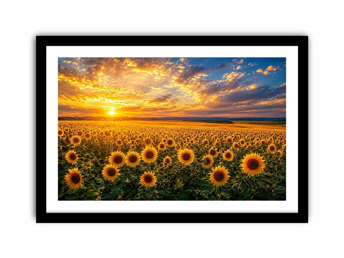 Sunflower field at sunset canvas art for elegant living room decor
