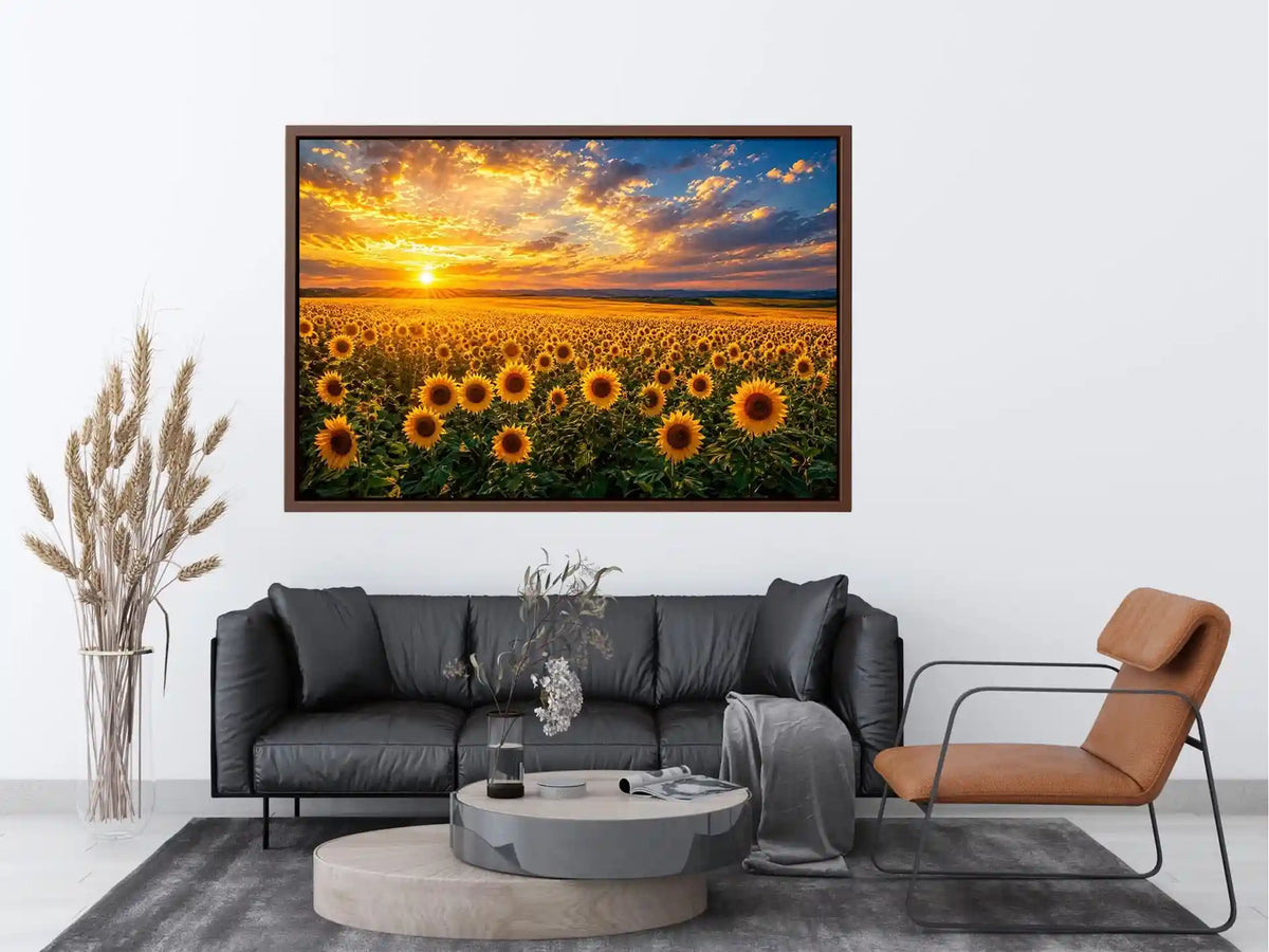 Sunflower field at sunset canvas art for elegant living room decor
