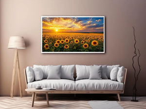 Sunflower field at sunset canvas art for elegant living room decor