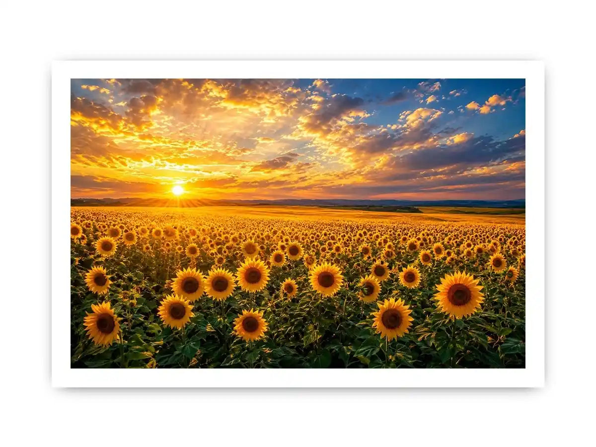 Sunflower field at sunset canvas art for elegant living room decor
