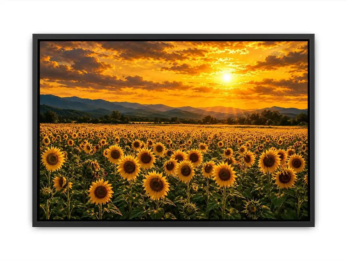 Sunflower landscape with mountain sunset canvas art for elegant living room decor