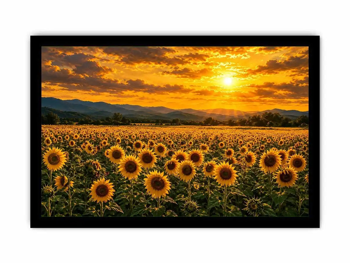 Sunflower landscape with mountain sunset canvas art for elegant living room decor