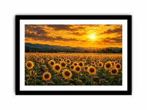 Sunflower landscape with mountain sunset canvas art for elegant living room decor