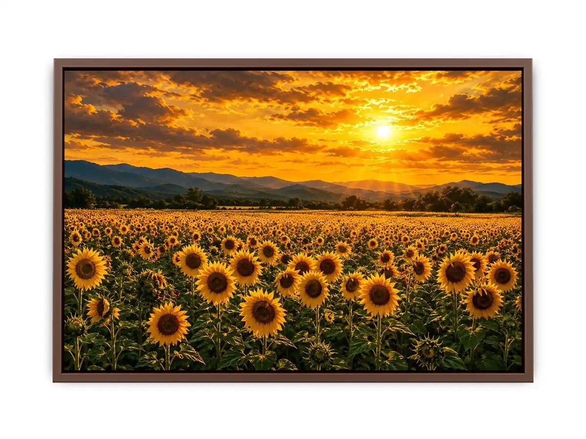 Sunflower landscape with mountain sunset canvas art for elegant living room decor