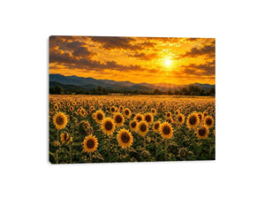 Sunflower landscape with mountain sunset canvas art for elegant living room decor