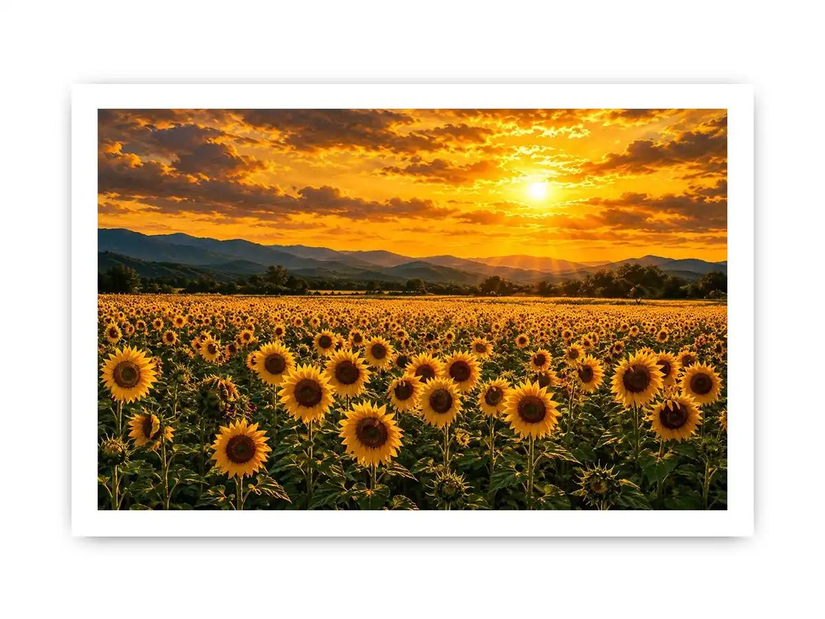 Sunflower landscape with mountain sunset canvas art for elegant living room decor