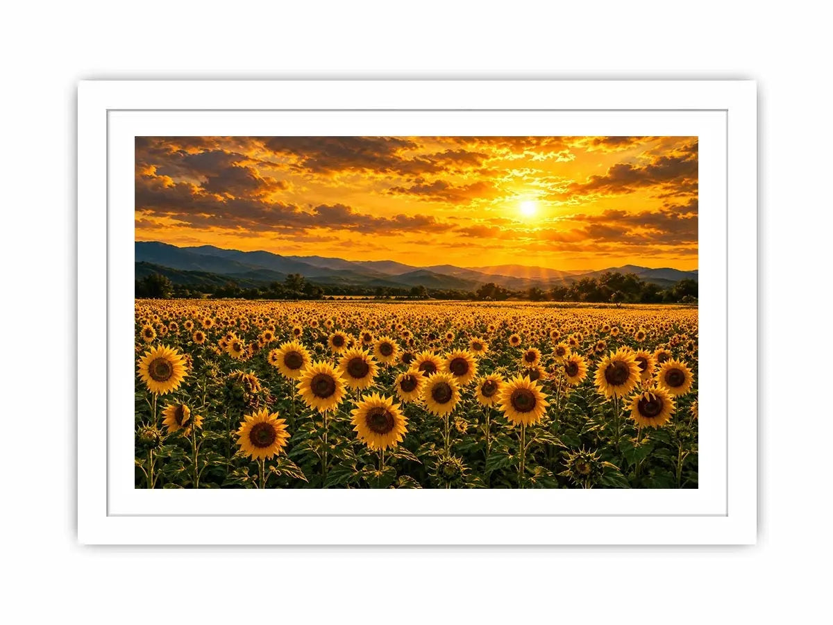 Sunflower landscape with mountain sunset canvas art for elegant living room decor