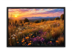 Warm wildflower meadow canvas art for elegant living room decor.