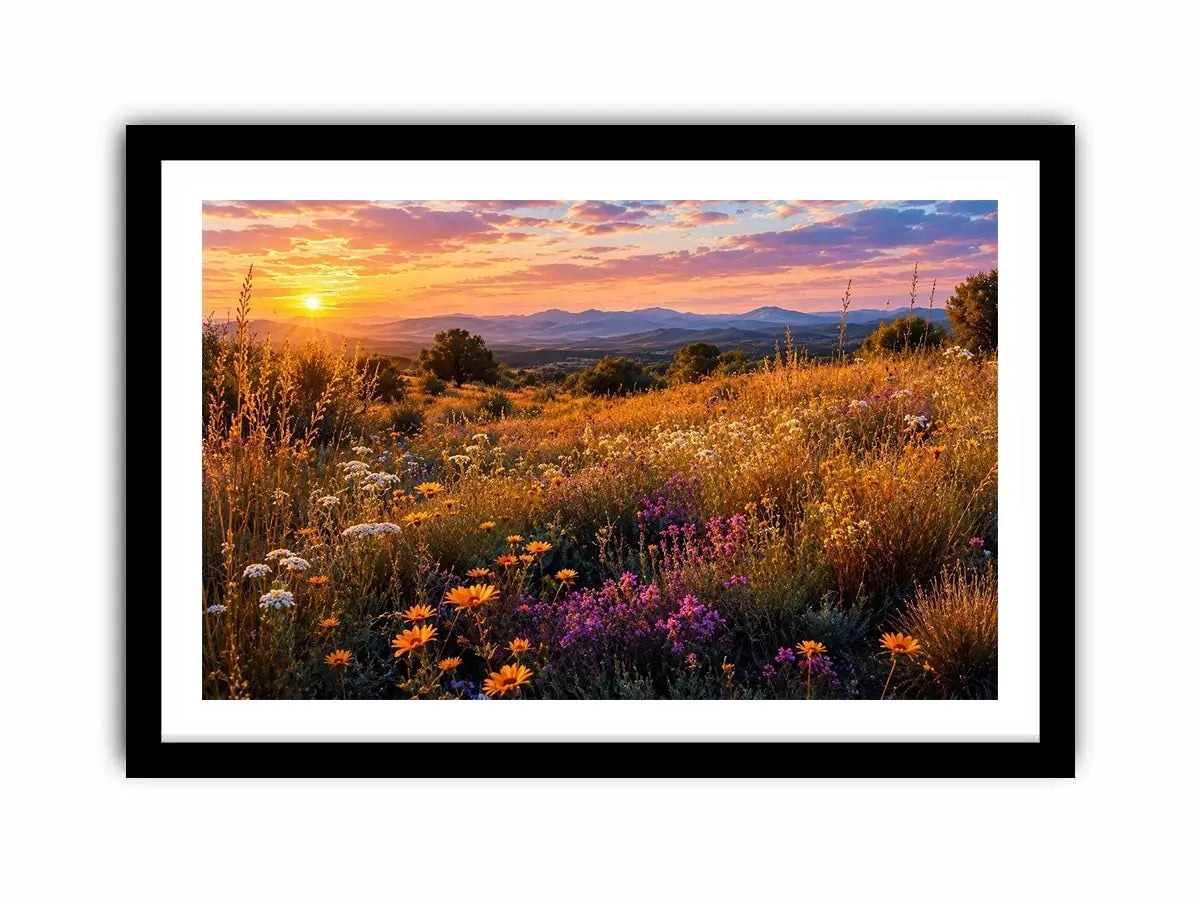 Warm wildflower meadow canvas art for elegant living room decor.