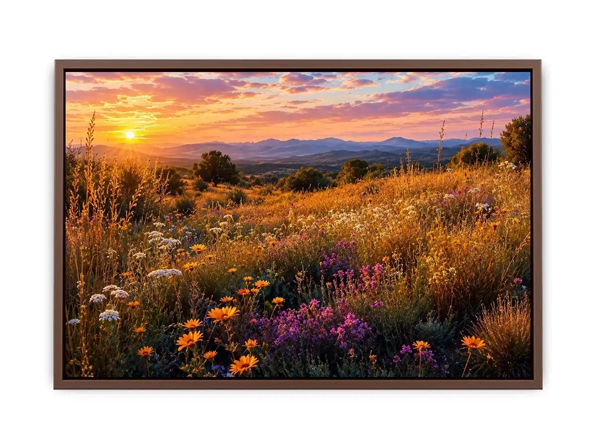 Warm wildflower meadow canvas art for elegant living room decor.