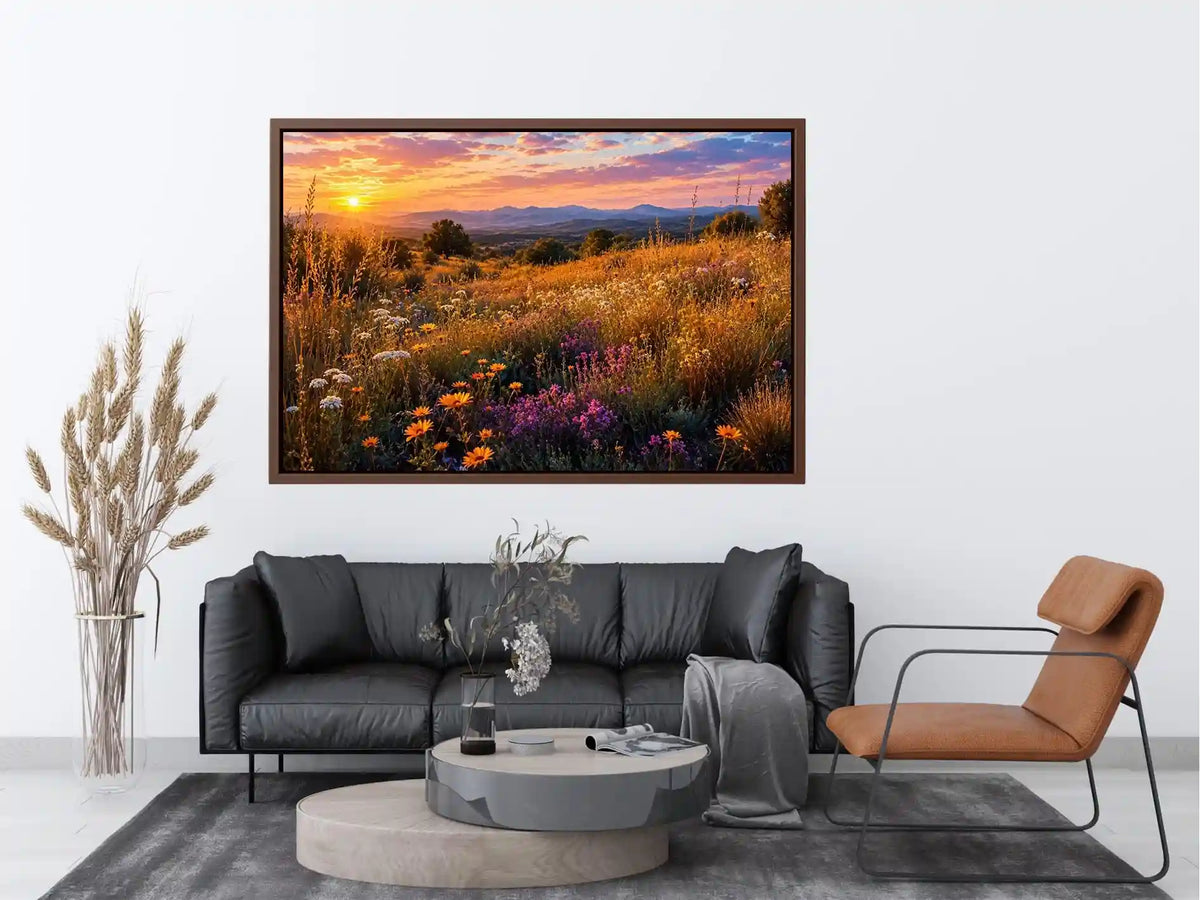 Warm wildflower meadow canvas art for elegant living room decor.
