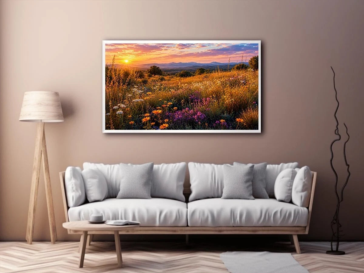 Warm wildflower meadow canvas art for elegant living room decor.