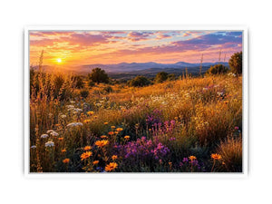 Warm wildflower meadow canvas art for elegant living room decor.