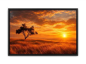 Lone tree sunset landscape canvas art for warm living room decor.