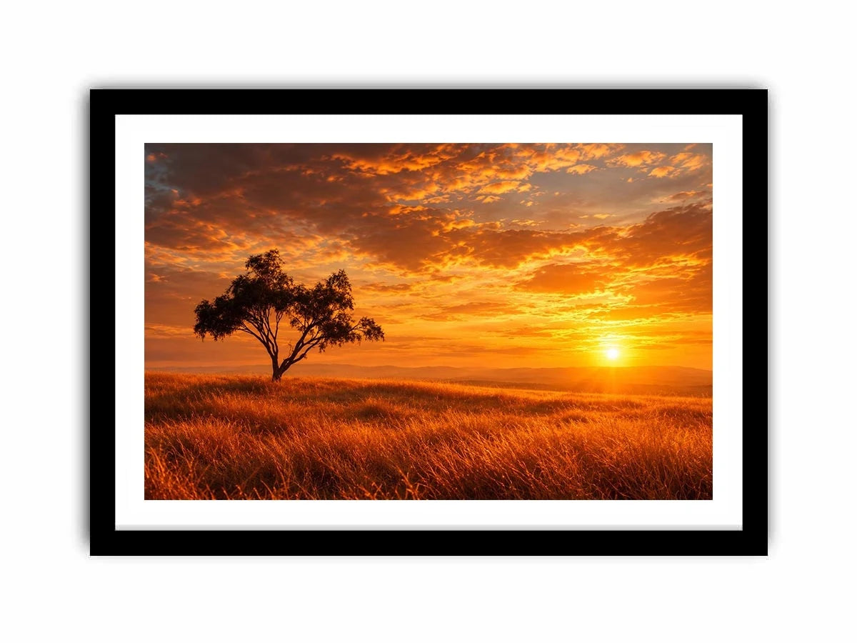 Lone tree sunset landscape canvas art for warm living room decor.