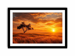 Lone tree sunset landscape canvas art for warm living room decor.