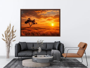 Lone tree sunset landscape canvas art for warm living room decor.