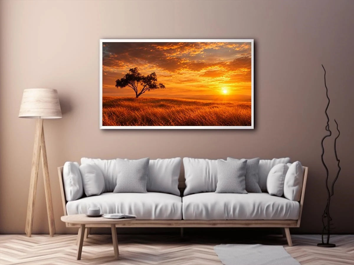 Lone tree sunset landscape canvas art for warm living room decor.