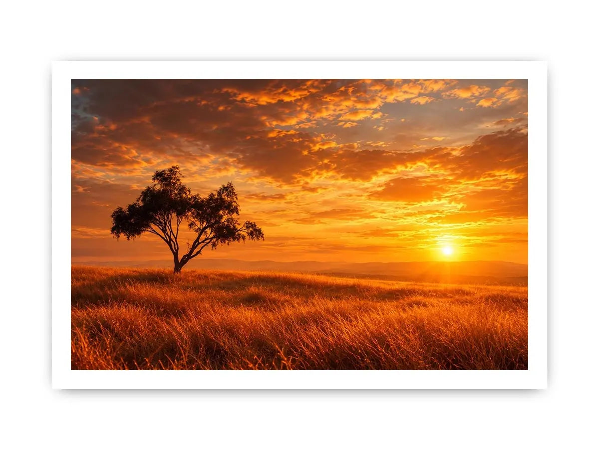 Lone tree sunset landscape canvas art for warm living room decor.