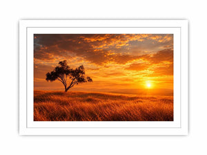 Lone tree sunset landscape canvas art for warm living room decor.
