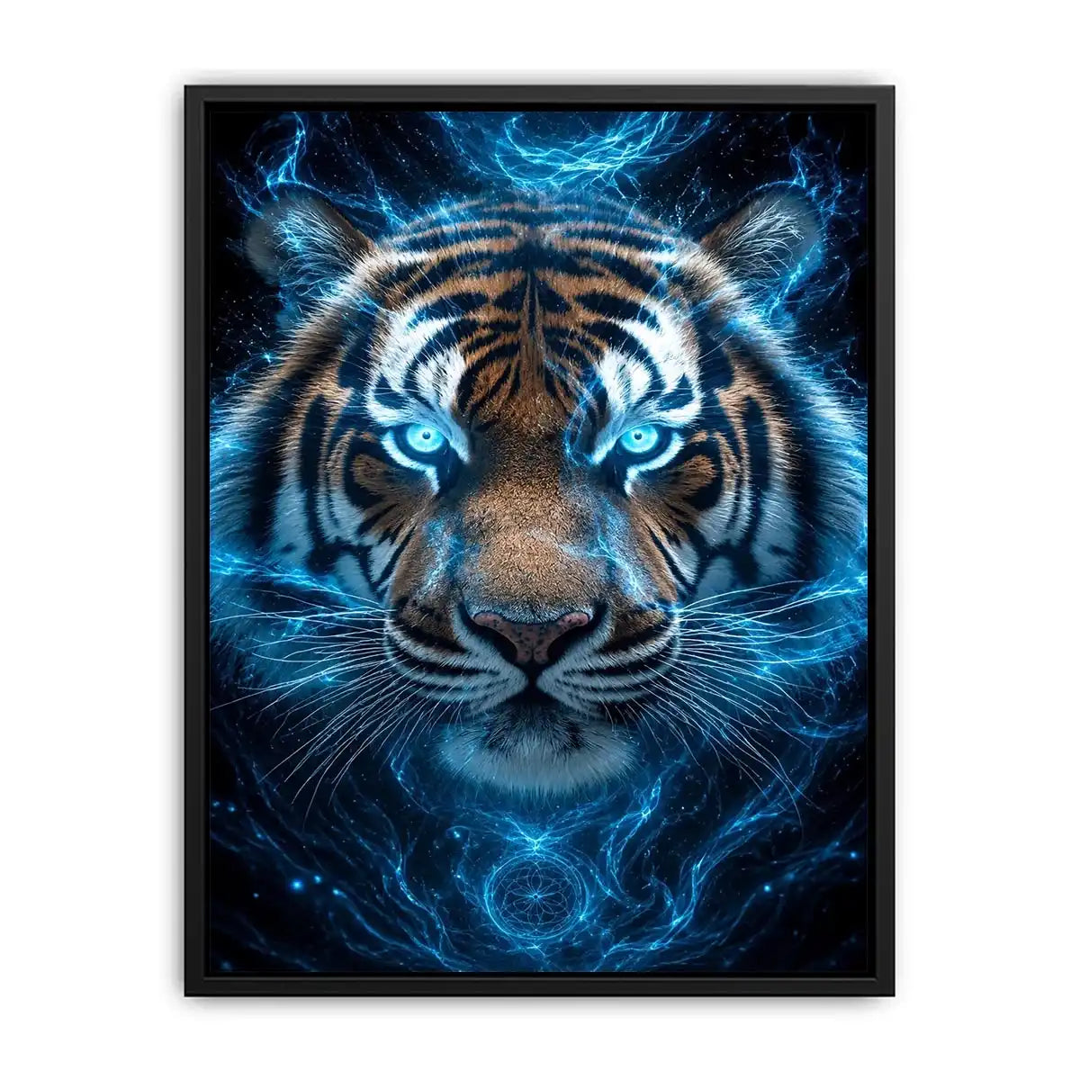 Electric blue tiger portrait canvas art for bold modern office decor.