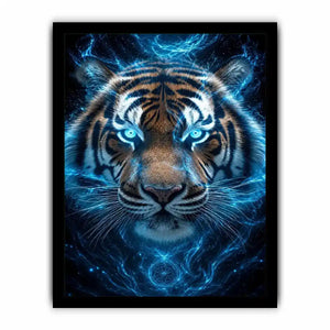 Electric blue tiger portrait canvas art for bold modern office decor.