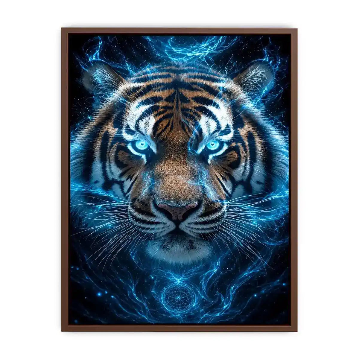 Electric blue tiger portrait canvas art for bold modern office decor.