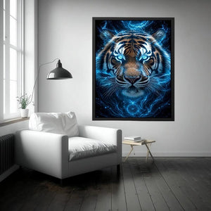 Electric blue tiger portrait canvas art for bold modern office decor.