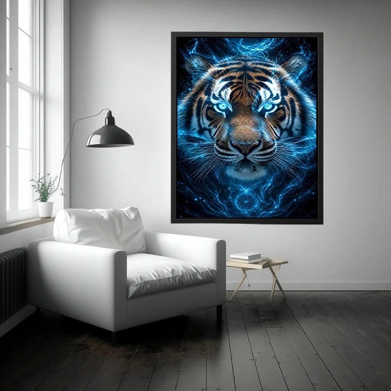 Electric blue tiger portrait canvas art for bold modern office decor.