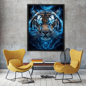 Electric blue tiger portrait canvas art for bold modern office decor.