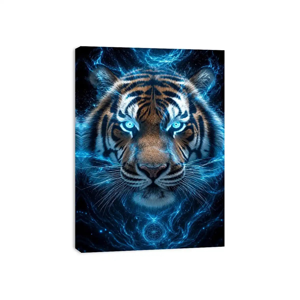 Electric blue tiger portrait canvas art for bold modern office decor.
