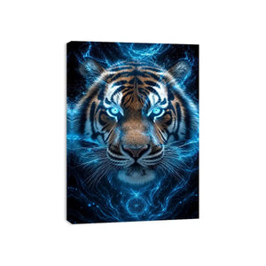 Electric blue tiger portrait canvas art for bold modern office decor.