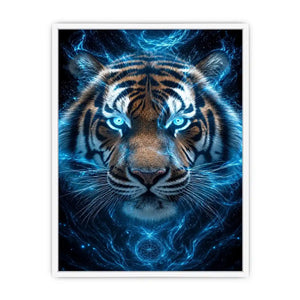 Electric blue tiger portrait canvas art for bold modern office decor.