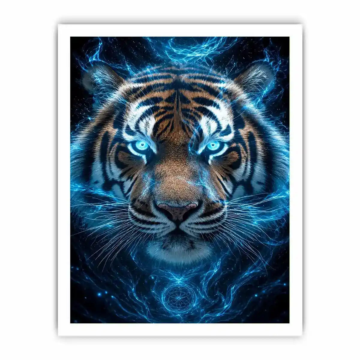 Electric blue tiger portrait canvas art for bold modern office decor.