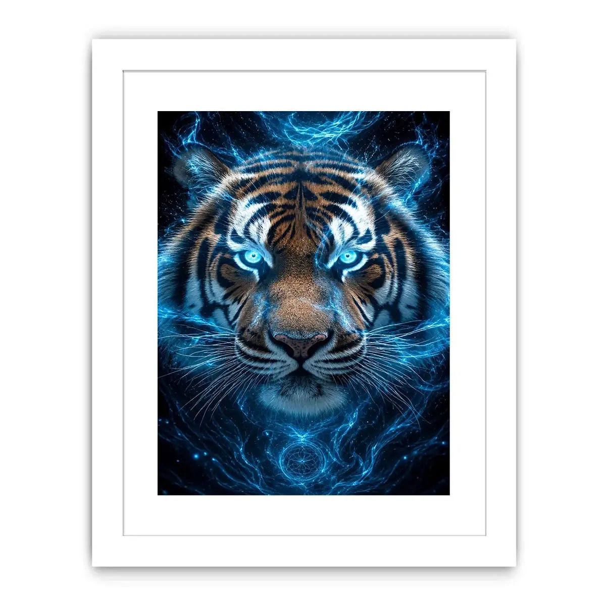 Electric blue tiger portrait canvas art for bold modern office decor.