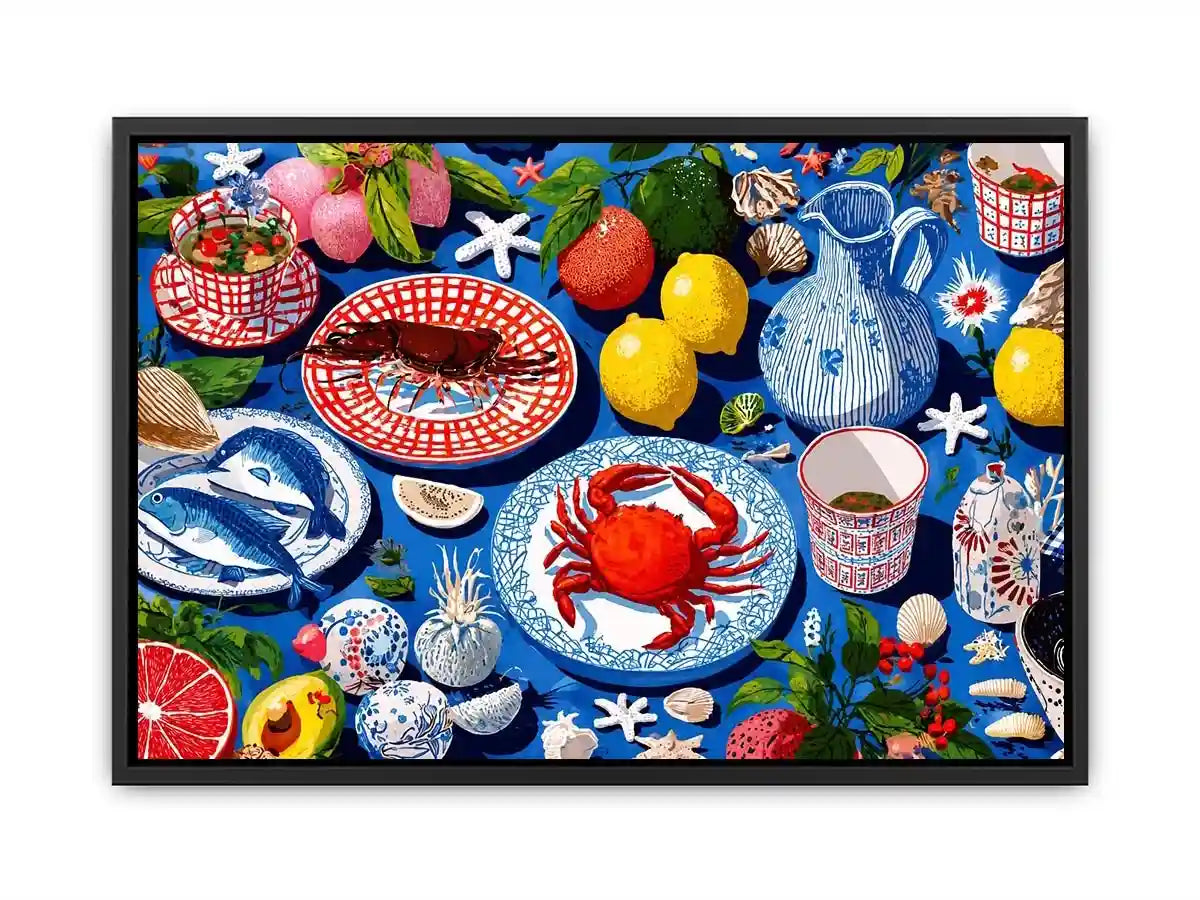 Colorful seafood illustration canvas art for coastal kitchen decor.