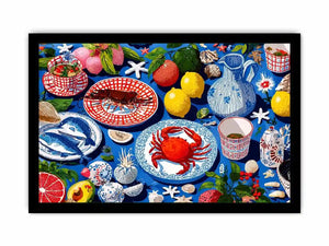 Colorful seafood illustration canvas art for coastal kitchen decor.