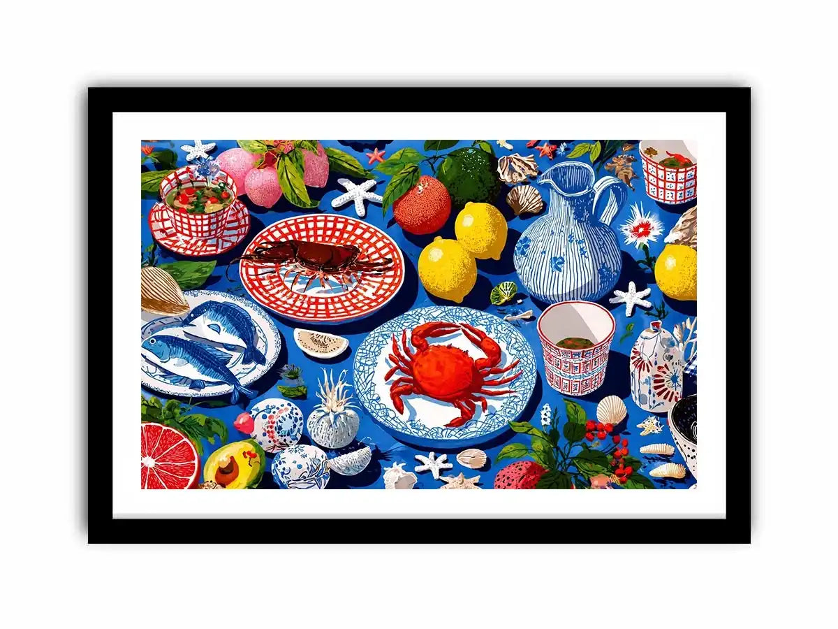 Colorful seafood illustration canvas art for coastal kitchen decor.