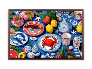 Colorful seafood illustration canvas art for coastal kitchen decor.