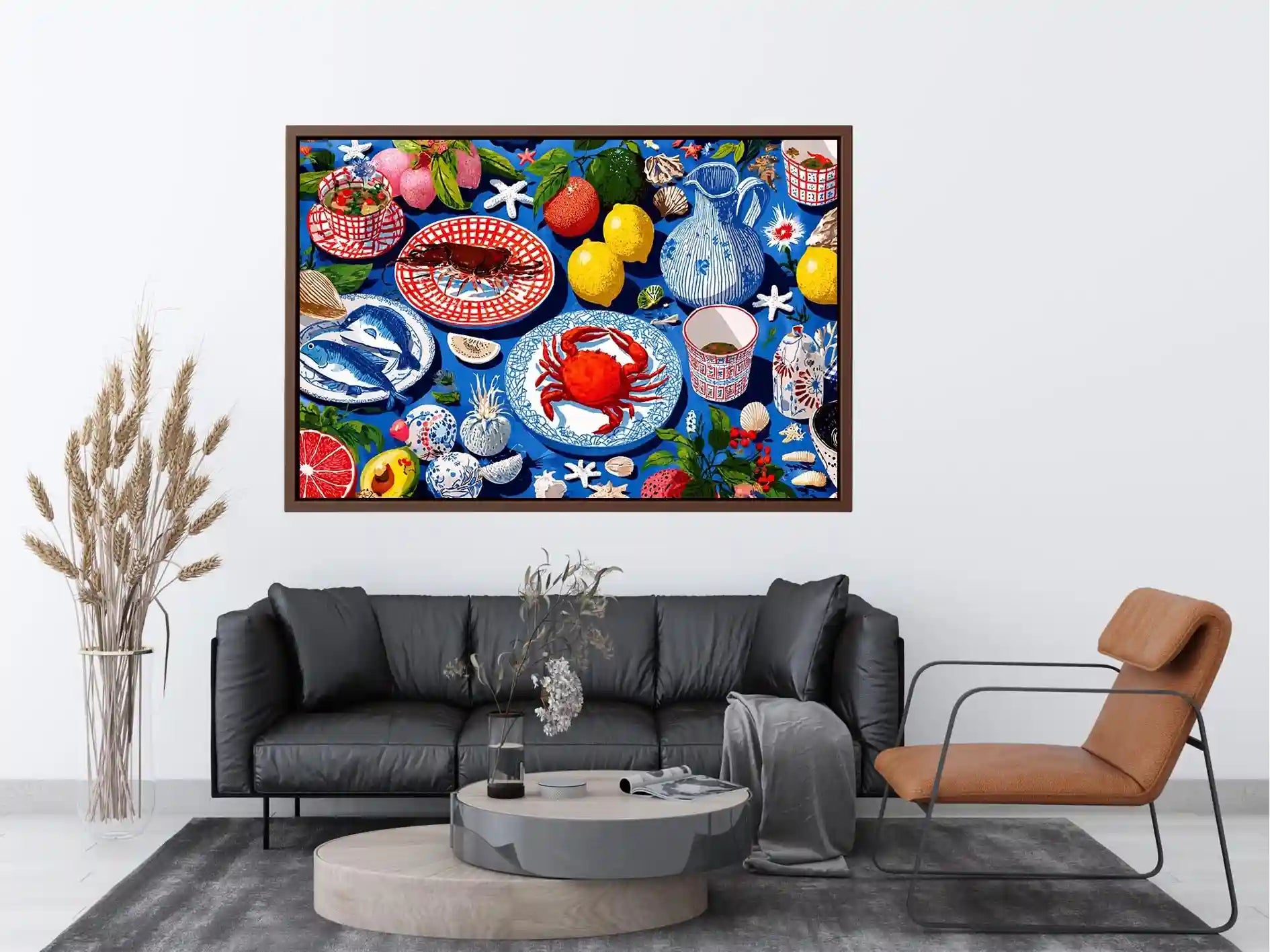 Colorful seafood illustration canvas art for coastal kitchen decor.