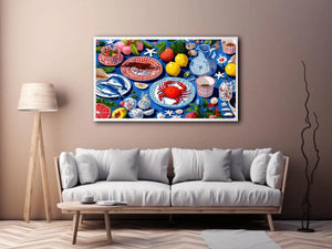 Colorful seafood illustration canvas art for coastal kitchen decor.