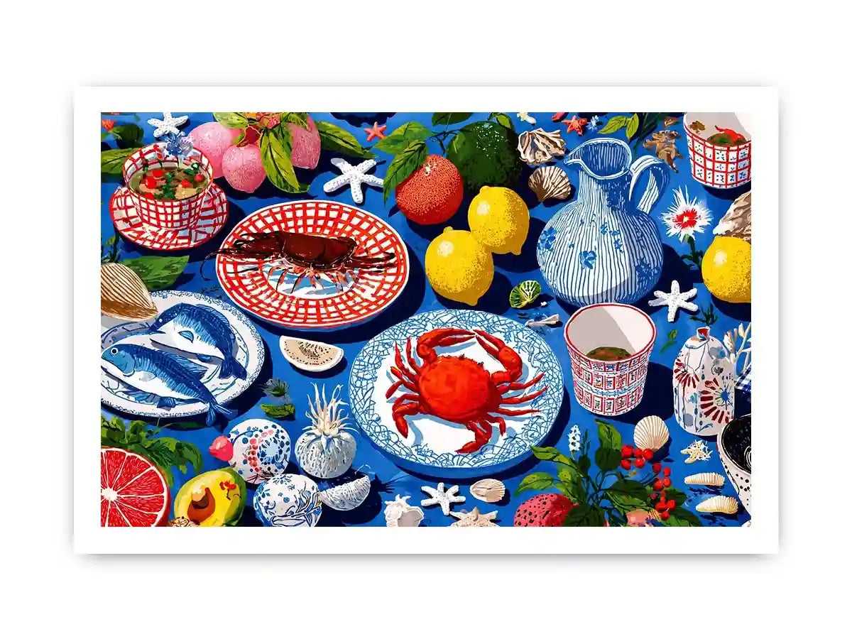Colorful seafood illustration canvas art for coastal kitchen decor.
