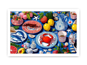 Colorful seafood illustration canvas art for coastal kitchen decor.