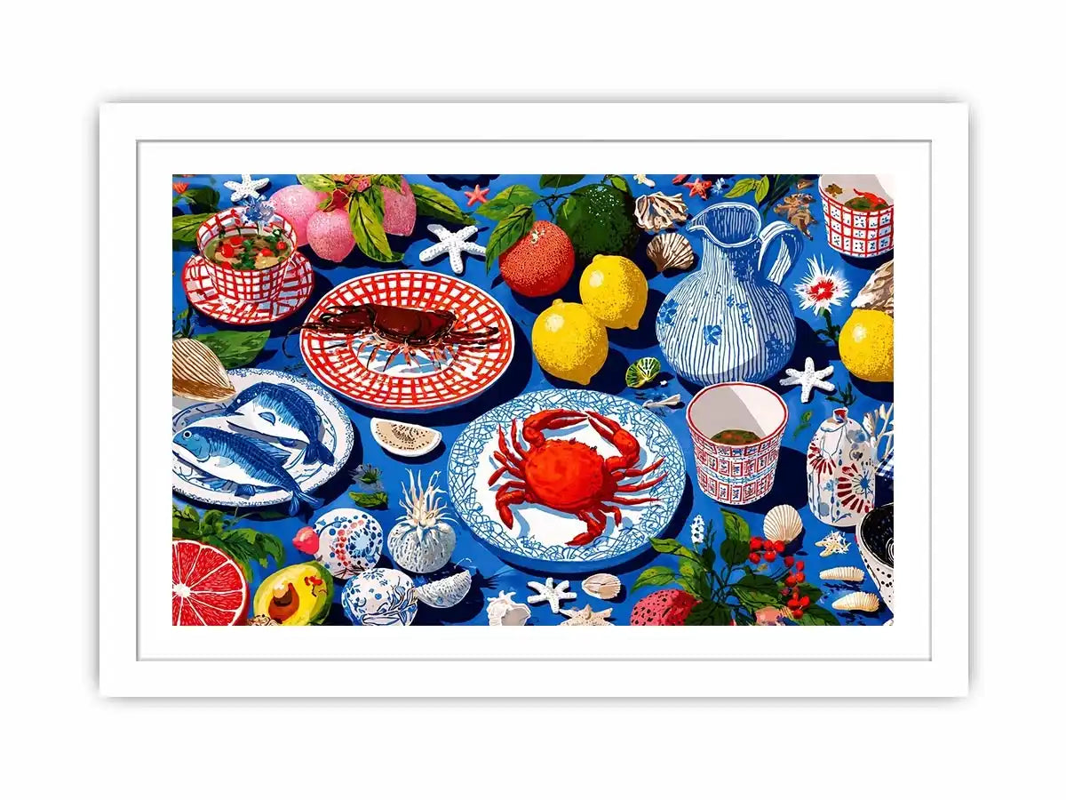 Colorful seafood illustration canvas art for coastal kitchen decor.
